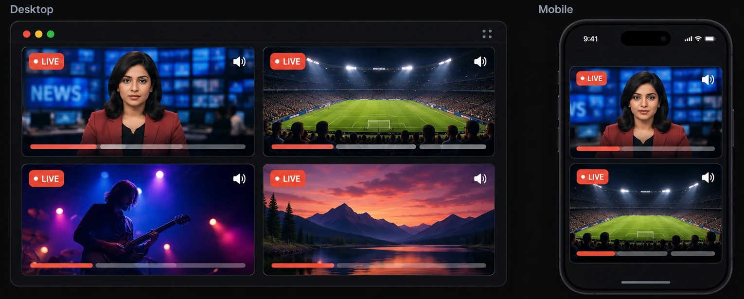StreamTiles multi-stream layout on a desktop screen with four streams, and on a phone with streams stacked vertically