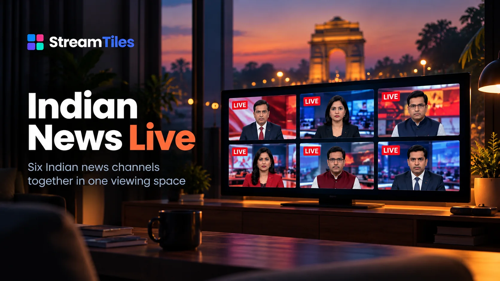 Illustration of six news broadcasts arranged in a StreamTiles grid on a TV, with India Gate at dusk beyond the window, titled Indian News Live