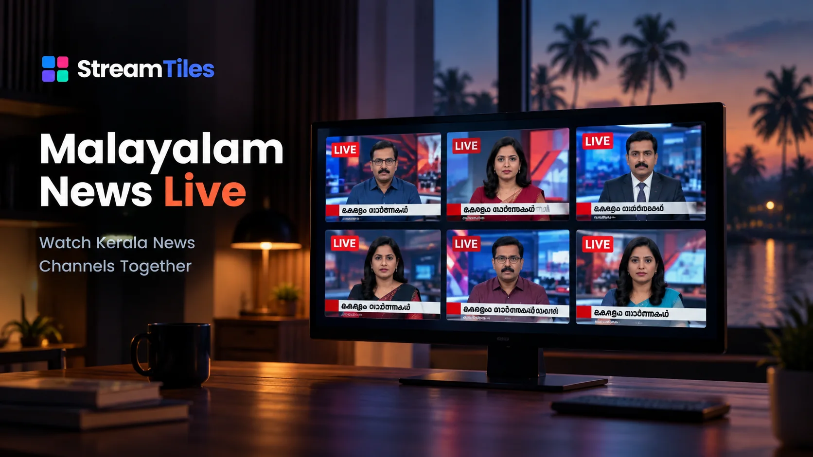 Illustration of six news broadcasts arranged in a StreamTiles grid on a monitor, titled Malayalam News Live